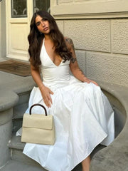 Sexy Deep V-neck Women Halter Midi Dress Fashion White Sleeveless Backless Pleated A-line Dresses Summer Lady Party A-line Robes