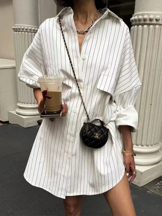 White Stripe Shirt Dress Women Autumn Spring Slit Casual Oversize Single Breasted Turn Down Collar Short Summer Dress