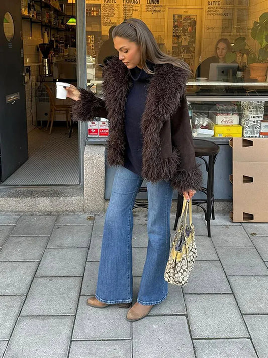 Elegant Coffee Solid Fur Patchwork Cardigan Jacket For Women Fashion Long Sleeve Warm Loose Coats Lady High Streetwear New