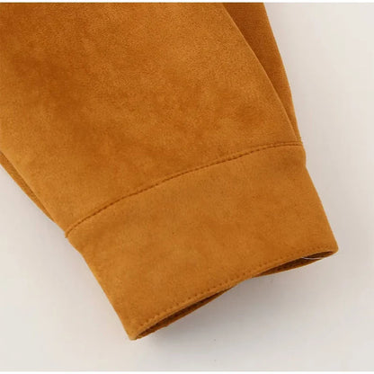 Women Patchwork Suede Jackets Long Sleeve Pocket Zipped Stand Coats 2024 Autumn Winter New Fashion Commuting Top Outerwears