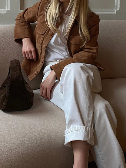 Suede Short Women's Jacket Vintage Solid Color Lapel Jackets with Pocket Single Breasted Casual Women Coat Autumn Classic Coats