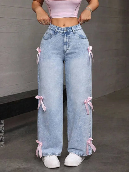 Women Casual Bowknot Decor Jeans Y2k Blue Baggy Denim Trousers Loose Straight Sweet Coquette Aesthetic Washed Jeans