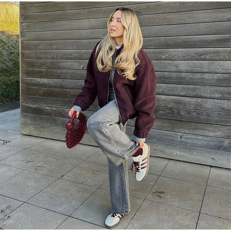 Casual Zipper Long Sleeve O-neck Coat for Women Spring New Solid Loose Female Jacket Vintage Ladies Outwear Top High Street