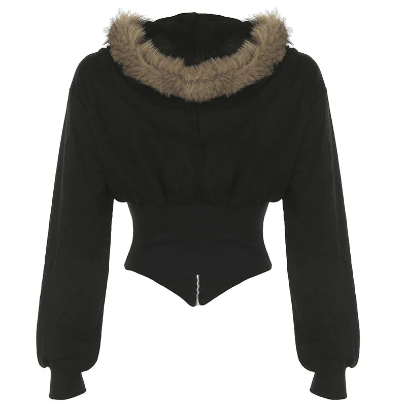 Y2K Fur Trim Hoodie Cardigan Women Basic Black Slim Cropped Jacket 90s Vintage Winter Zipper Coat Harajuku Streetwear