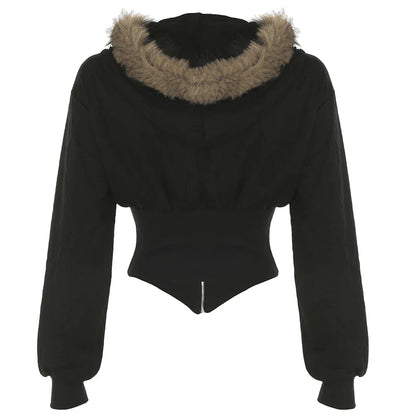 Y2K Fur Trim Hoodie Cardigan Women Basic Black Slim Cropped Jacket 90s Vintage Winter Zipper Coat Harajuku Streetwear