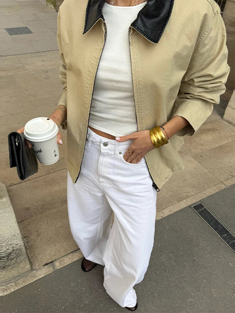 Leather Collar Cargo Jacket Coat Color Patchwork Lapel Button Zipper Pocket Workwear Outwear Loose Casual Minimalist Outwear Top