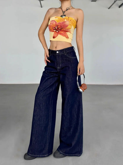Y2k Vintage Blue Jeans Woman America Retro Baggy Harajuku Casual Denim Pants Korean Style Wide Leg High Waist Trousers