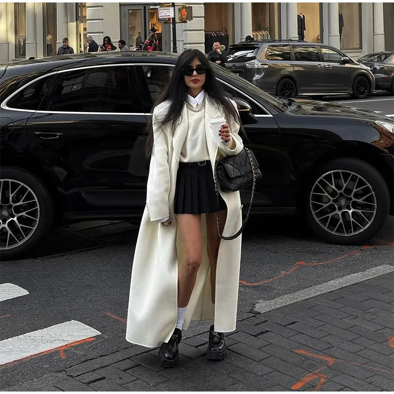 White Elegant Double Breasted Loose Woolen Coat Women Chic Oversized Long Sleeve Overcoat Fall Winter New Ladies Outerwear