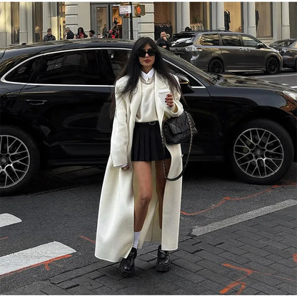 White Elegant Double Breasted Loose Woolen Coat Women Chic Oversized Long Sleeve Overcoat Fall Winter New Ladies Outerwear