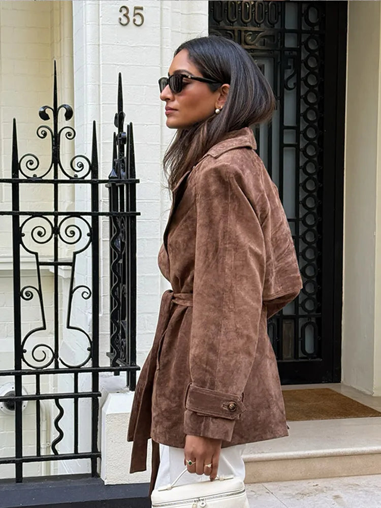 Autumn Fashion Lace Up Lapel Collar Suede Jacket Women Retro Double Breasted Long Sleeve Coat Lady Vintage Chic Windbreaker