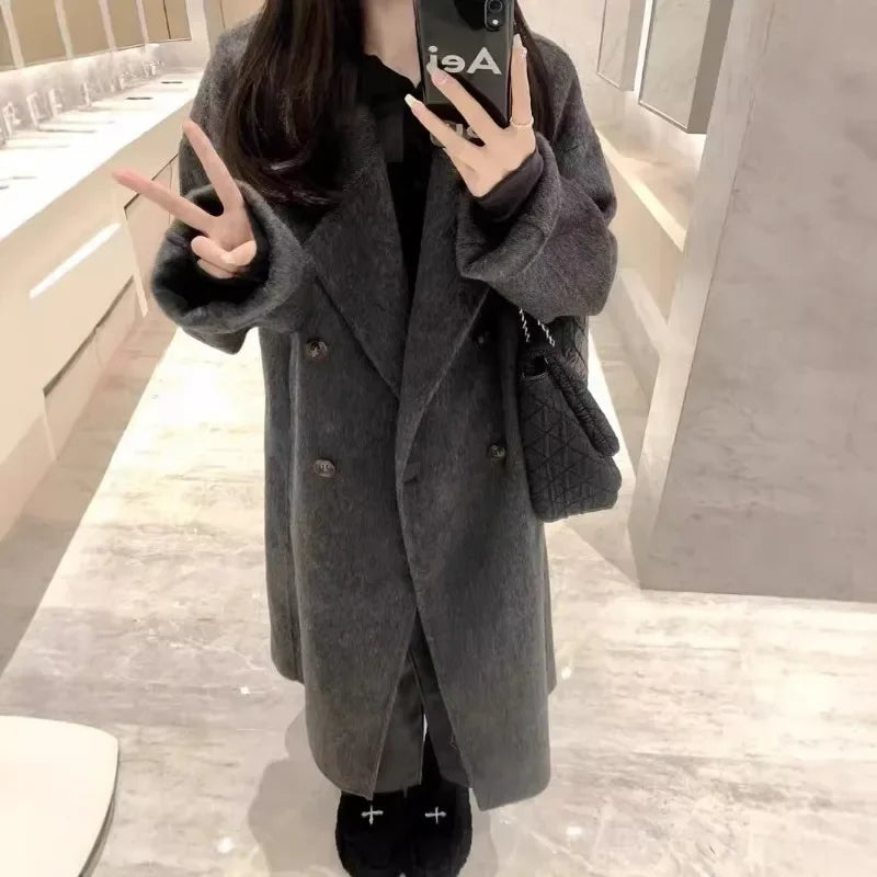 new Women Wool Blend Coat Solid Mid Long Woolen Blazer Thick Warm Blouse Women's Overcoat Office Lady Tops Autumn Winter