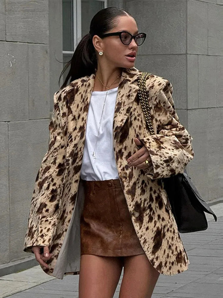 Vintage Leopard Print Woman Blazer Jacket Fashion Lapel Single Breasted Pockets Long Sleeve Coat Lady Fall Office Outerwear