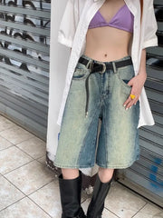 Blue Vintage Washed Jeans For Women Y2k Grunge High Waist Loose Denim Shorts Summer New Straight Knee-Length Pants