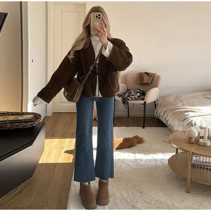 Brown Quilted Padded Suede Coat Women Long Sleeve Lace Up Cropped Jacket Autumn Winter Casual Lightweight New In Outerwears