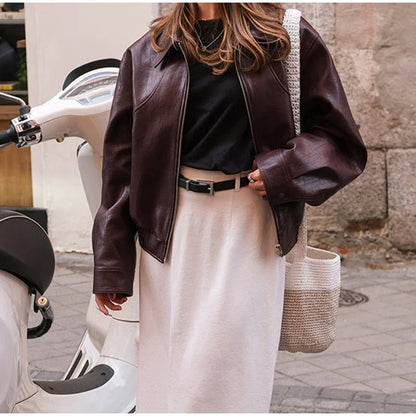 PU Leather Women Jackets Coats Casual Turn Down Collar Long Sleeve Zipper Female Motorcycle Top Coat Autumn Vintage Outwear