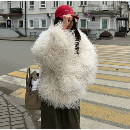 Elegant White Faux Fur Coat Women's 2025 Oversized Winter Jacket Fashion Loose Long Sleeve Warm Outwear Streetwear Office Casual