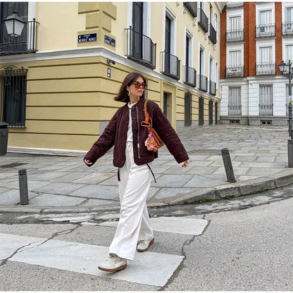 Casual Quilted Padded Jackets Women's Faionable Loose Round Neck Long Sleeve Zipper Cropped Length Outerwear Winter New