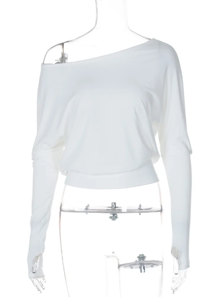White Off-shoulder T-shirt Pollover For Women Loose Casual Short Top Party Club T-shirt Hot Girl Autumn New Long Sleeve