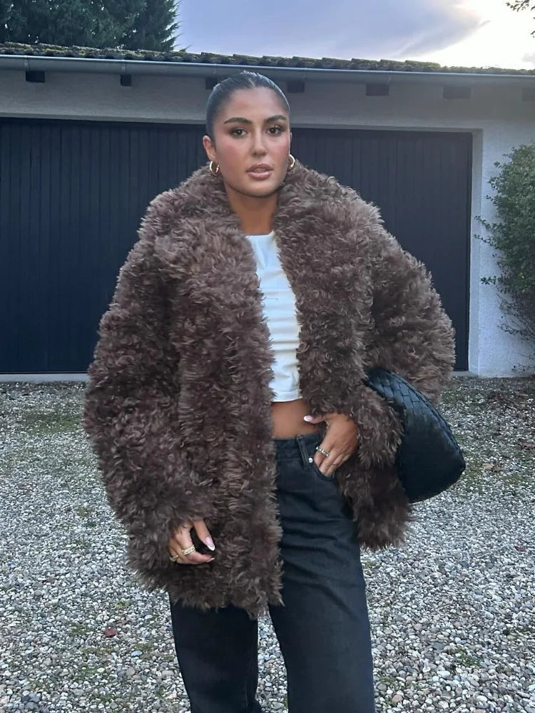 Elegant Winter Warm Fluffy Faux Fur Women's Solid Coat New Chic Lapel Long Sleeve Thick Furry Jacket Lady Thermal Outerwear