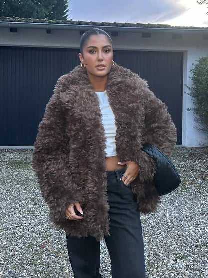 Elegant Winter Warm Fluffy Faux Fur Women's Solid Coat New Chic Lapel Long Sleeve Thick Furry Jacket Lady Thermal Outerwear