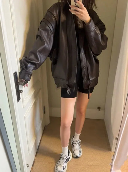 Sweet Hot Girl PU Leather Jacket Short Coat Women's Autumn Retro Turn-down Collar Loose Leather Jacket Fashion Female Clothes