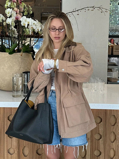 Casual Leather Lapel Jackets Women Vintage Khaki Zipper Pockets Jacket Coat Female Autumn Winter Chic High Street Outwear