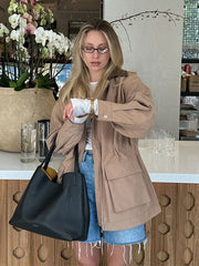 Casual Leather Lapel Jackets Women Vintage Khaki Zipper Pockets Jacket Coat Female Autumn Winter Chic High Street Outwear