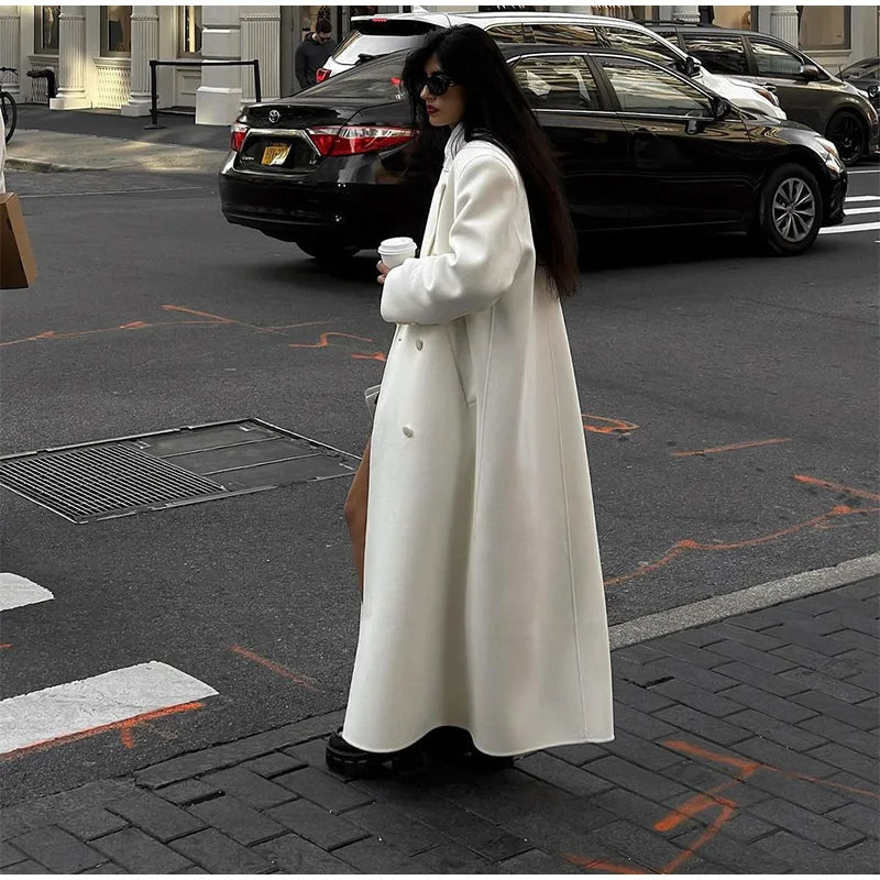 White Elegant Double Breasted Loose Woolen Coat Women Chic Oversized Long Sleeve Overcoat Fall Winter New Ladies Outerwear