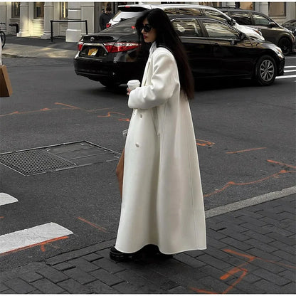 White Elegant Double Breasted Loose Woolen Coat Women Chic Oversized Long Sleeve Overcoat Fall Winter New Ladies Outerwear