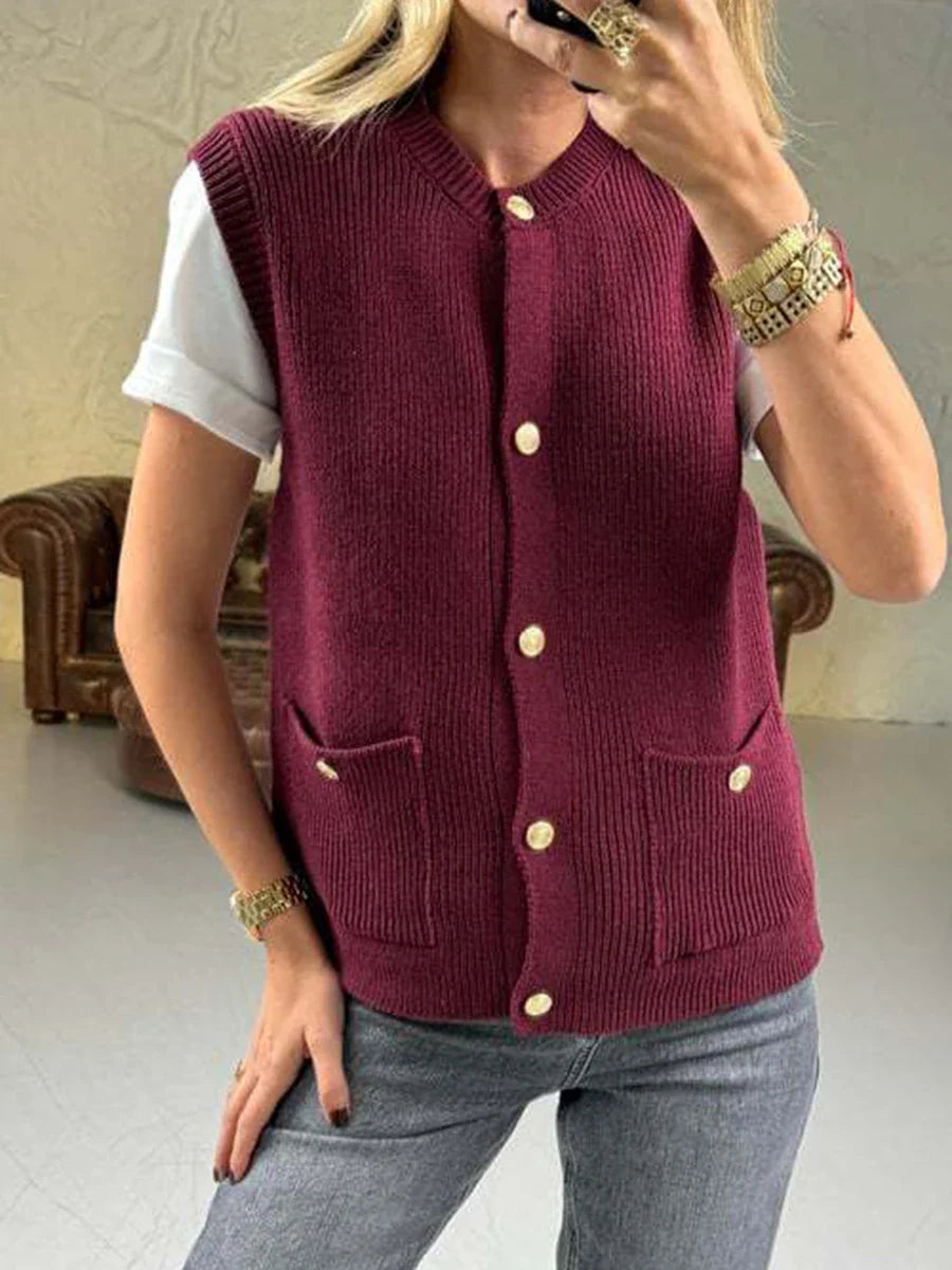 Pocket Solid Cardigan Vest Women O Neck Single Breasted Sleeveless Knit Waistcoat 2025 New Simple Casual Fashion Sweater Jacket