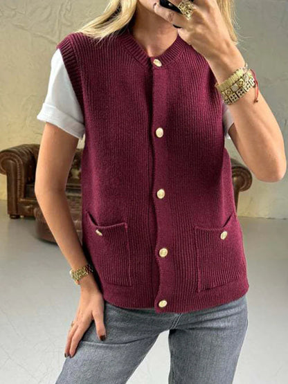 Pocket Solid Cardigan Vest Women O Neck Single Breasted Sleeveless Knit Waistcoat 2025 New Simple Casual Fashion Sweater Jacket