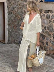 Fashion Sets for Women Streetwear Vintage Short Sleeve 2 Piece Set Solid Hollow Out Button Beach 2024 New Spring Summer Sets