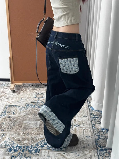 Y2k Embroidery Baggy Jeans Women Vintage Plaid Patchwork Denim Trousers Harajuku Korean Sweet Oversized Jeans Cutecore