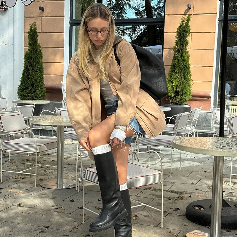 Casual Leather Lapel Jackets Women Vintage Khaki Zipper Pockets Jacket Coat Female Autumn Winter Chic High Street Outwear