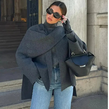 Fashion Asymmetric Scarf Knitted Jacket Women O Neck Single Button Side Slit Solid Loose Coat Winter New Female Chic Outerwear