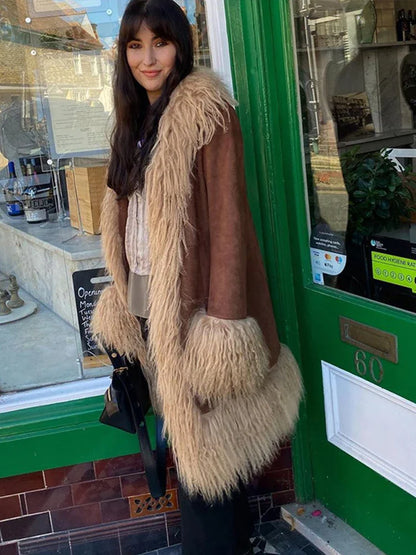 Vintage Furry Faux Fur Women Patchwork Coats Winter Long Sleeve Lapel Female Loose Jacket Casual Pockets Thick Warm Lady Outwear