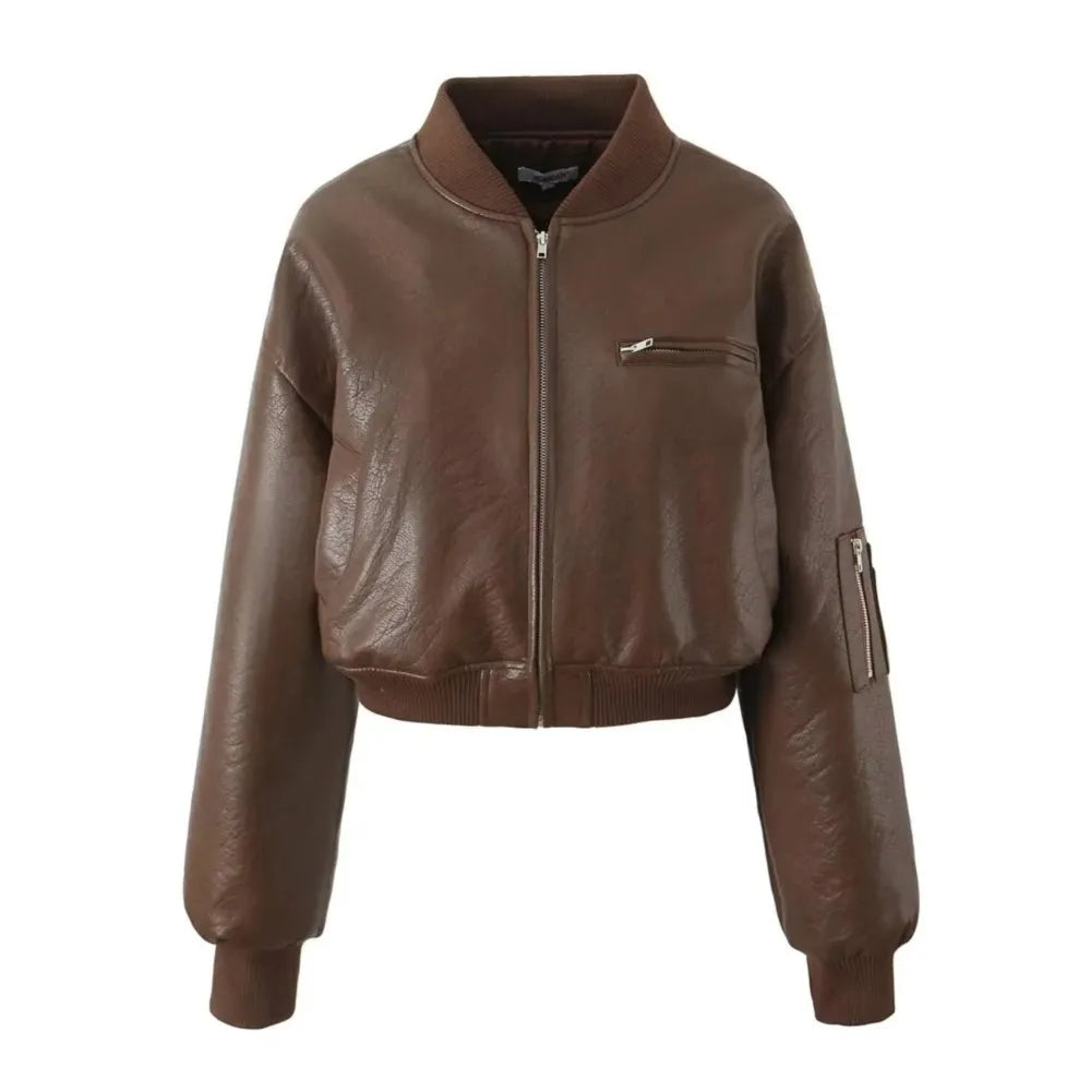 American Retro Women Rib V neck PU Leather Jacket Street Full Sleeve Zipper Bomber Quilted Coat High Waist Short Outerwear