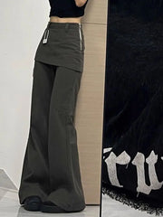 Harajuku Patchwork Women Flared Pants Vintage High Waist American Style Fake Two Piece Trousers Y2k Baggy Solid Gyaru