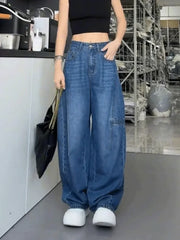 Blue Jeans Women Y2K Hip Hop Fashion Vintage High Waisted Cargo Jeans Streetwear Casual Loose Large Size Wide Leg Denim Pants