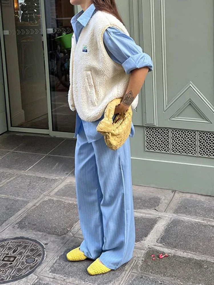 Fashion Lamb Wool Vest Coat For Women V Neck Loose Single Breasted Pocket Waistcoat Warm Autumn 2024 High Street Outwear