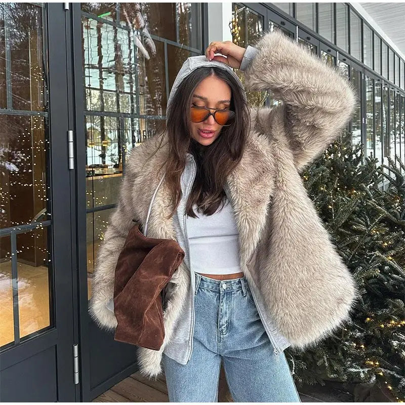 Furffy Thicken Jackets Women Faux Fur Loose Lapel Long Sleeves Warm Coats Female Winter Fashion Solid Soft Outwears Lady