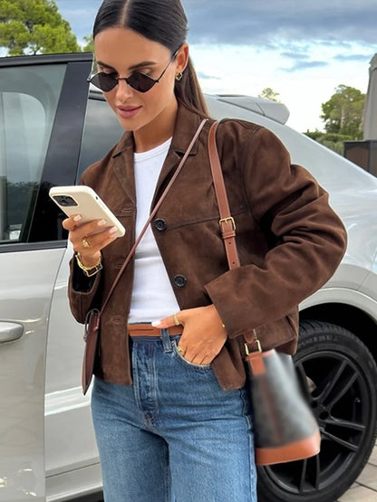 Retro Suede Female Blazer Jacket Chic Lapel Single Breasted Long Sleeve Lady Short Coat Autumn Winter Pockets Lady Outwear