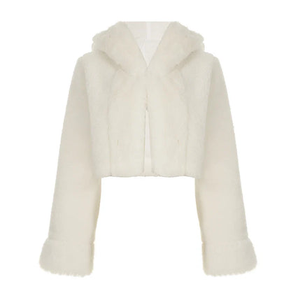 Faux Fur Hooded Coat Women Fashion High Street Fluffy White Snow Jacket Winter Warm Slim Outwear Stylish Lady Outfits