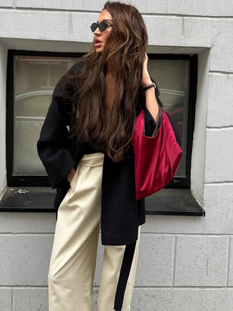 New Women's Black Lace Up Overcoats Autumn Chic Office Jackets Slim Fit Pleated Coat Elegant V-neck Commute For Lady Coats