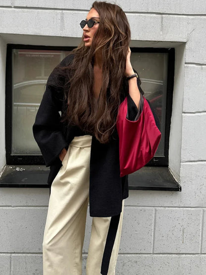 New Women's Black Lace Up Overcoats Autumn Chic Office Jackets Slim Fit Pleated Coat Elegant V-neck Commute For Lady Coats