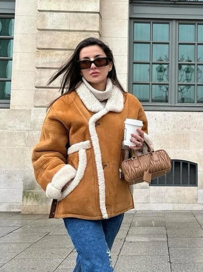 Fashion Lamb Woolen Spliced Warm Coat For Women Vintage Side Buttons Lapel Full Sleeve Jackets Lady Autumn Winter Thick Outwear