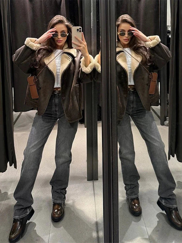 Women Double Sided Jacket Winter Casual Packet Faux Leather Jackets Single Breasted Lapel Female Coat New Commuter Outerwear