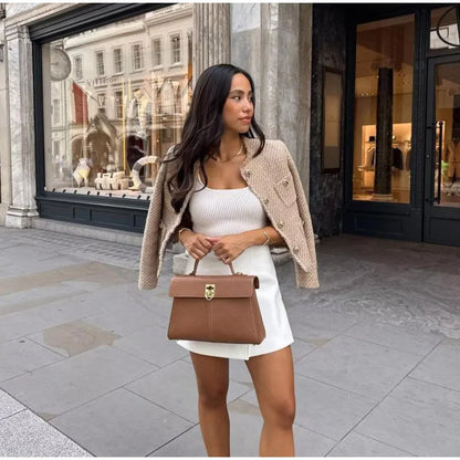 Fashion O-neck Pockets Short Coats For Women Autumn Long Sleeve Single Breasted Tweed Jacket New Chic Cropped Coats Female