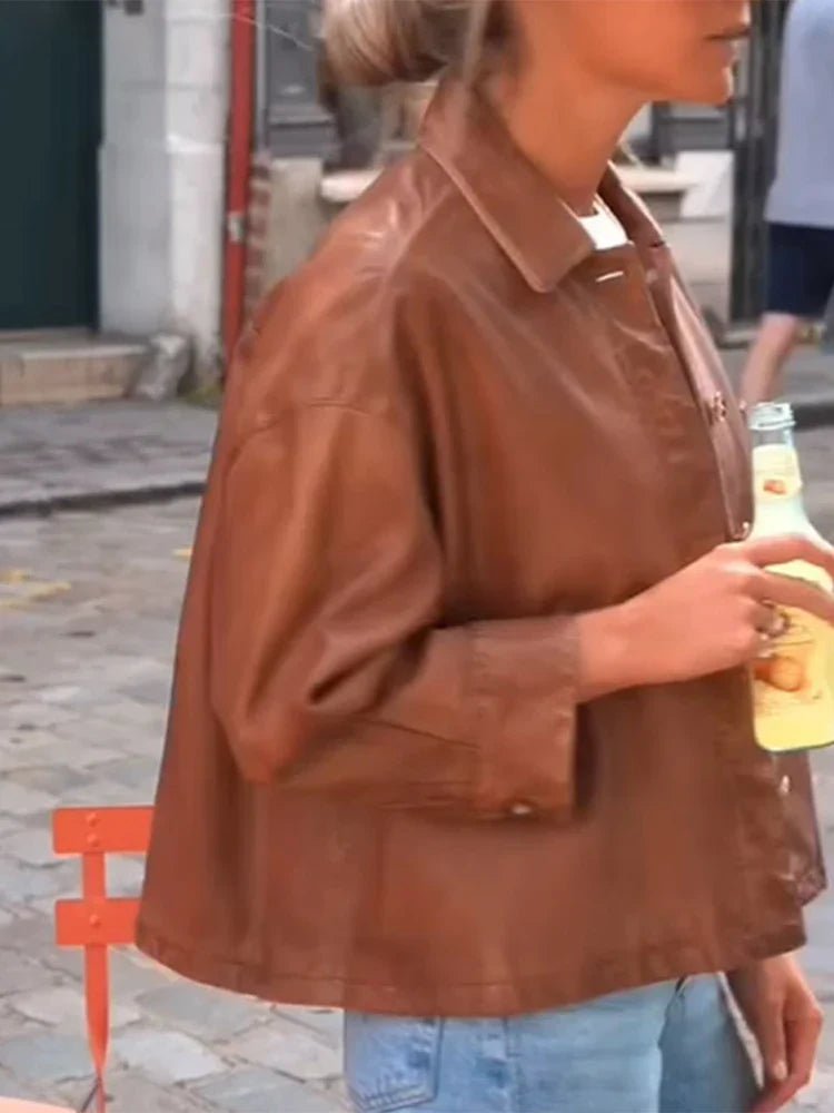 Casual Solid Women Leather Jackets Turn Down Collar Single Breasted Pockets Female Loose Coats Autumn New Chic Lady Outwear