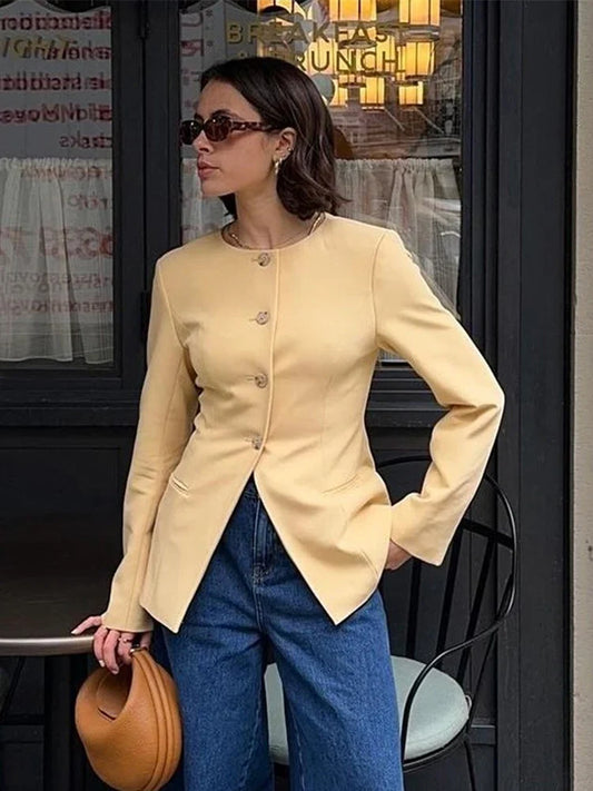 Fashion Solid Office Coats Women Casual O Neck Long Sleeve Pockets Single Breasted Female Jackets 2024 Autumn Elegant Lady Tops